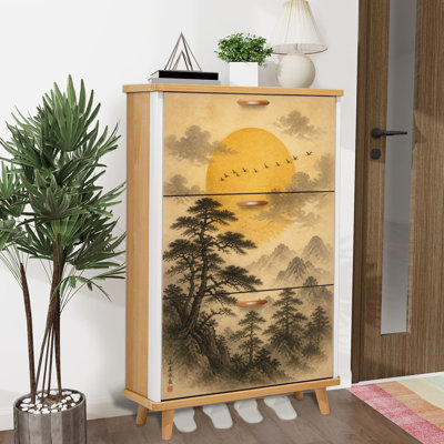 Shoe Storage Cabinet with 3 Flip Drawers for Vintage Chinese Landscape Pines Mountains Birds Sunset Shoe Rack Storage Organizer