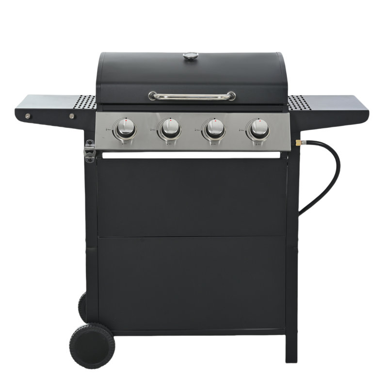 Barbecue au propane à 4 brûleurs avec deux tablettes, couvercle, roues et ouvre-bouteille