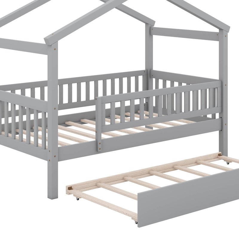 Lit simple en bois avec lit gigogne, Gris, Lit simple
