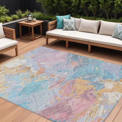 Tapis extérieur lavable abstrait bleu sarcelle doré et rose 9 pi x 12 pi