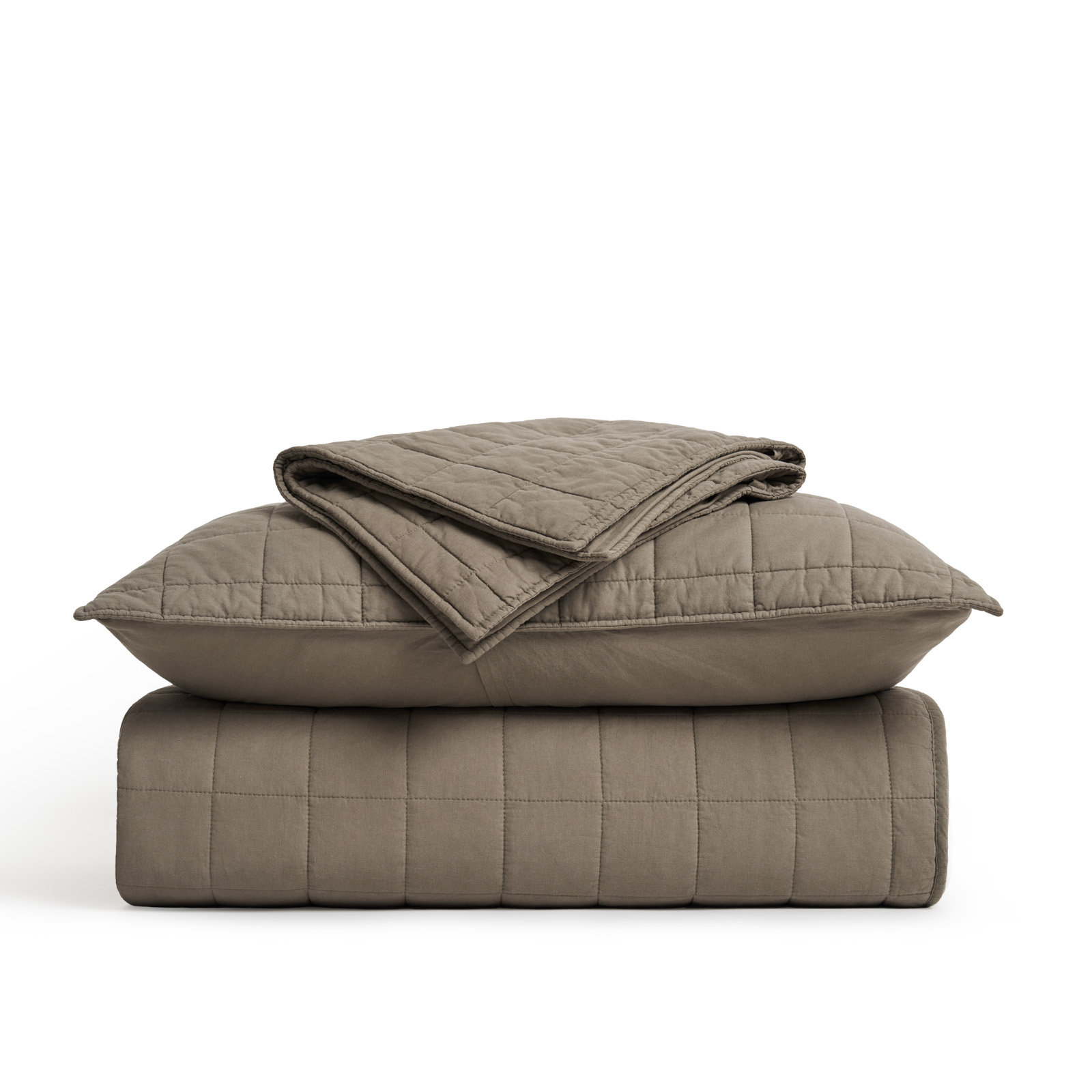 100% Cotton Box Stitch Quilt Set, Mocha Brown, Queen Quilt + 2 Queen Shams