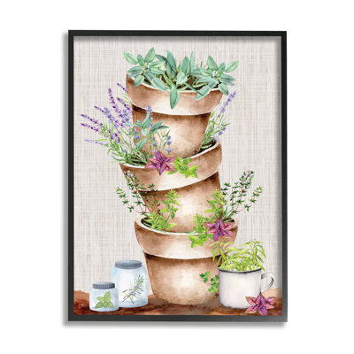«Stacked Pots Herbs Garden», cadre flottant, impression sur bois