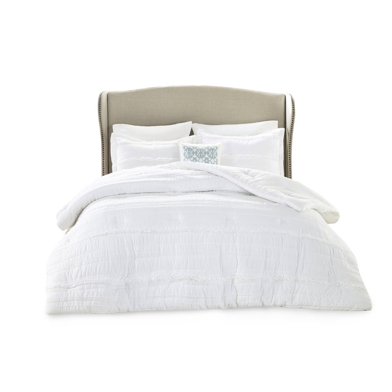 5 Piece Microfiber Ruffled Comforter , King, In Gorgeous White Shade King With Pieces, Ruffle And Decor