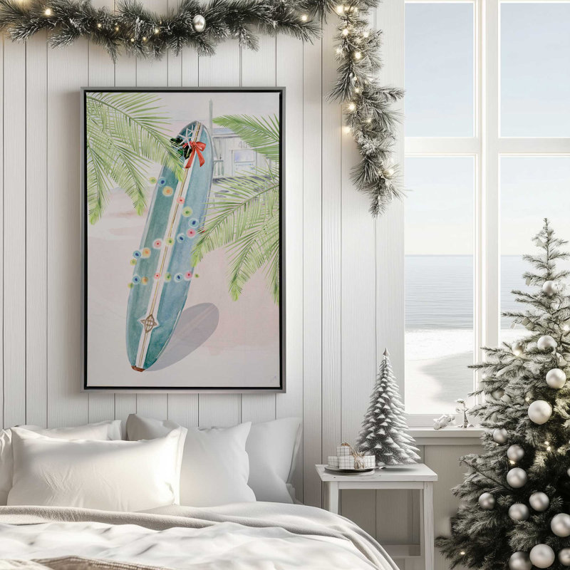 «Holiday Surfboard by the Sea», reproduction sur toile, Cadre flottant noir, H 36,75 po x l 24,75 po