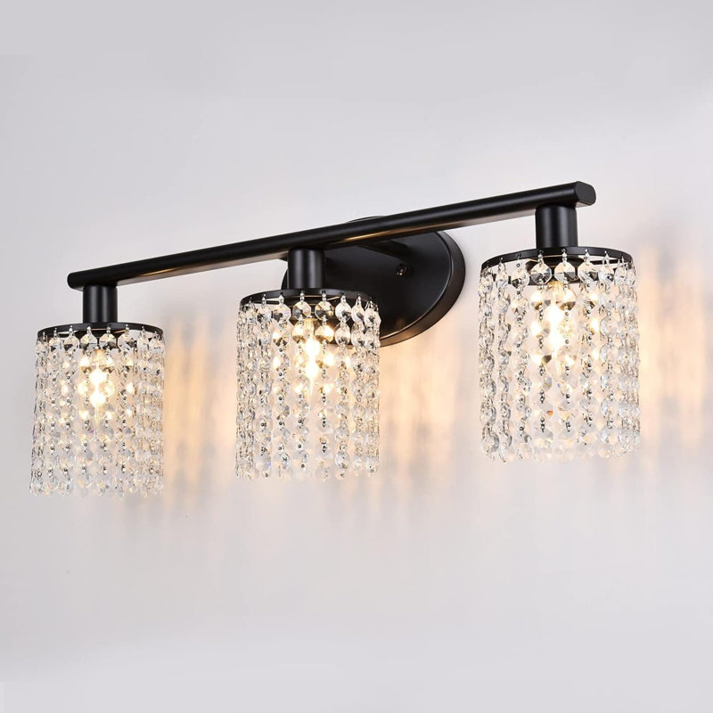 Modern Black Vanity Light Fixture With Crystal Accents, 3-Light Bathroom Sconce For Mirror Mounting, Dimmable E12 Base, Black