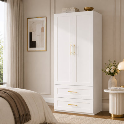 2-Door Wardrobe Armoire with 2 Drawers, Modern Wood Freestanding Closet Storage Cabinet for Bedroom