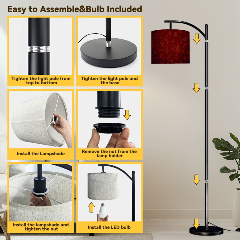 Lampe sur pied à arc en tissu texturé avec lumières à DEL et abat-jour réglables