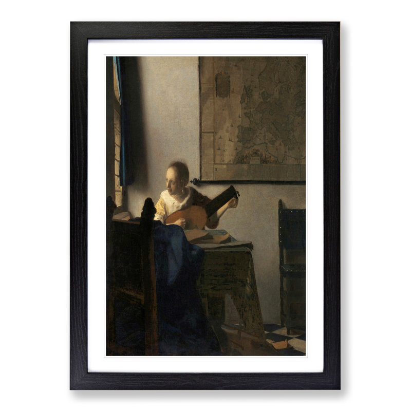 Young Woman with a Lute by Johannes Vermeer - Picture Frame Painting, 48cm H x 36cm W x 2cm D, Black