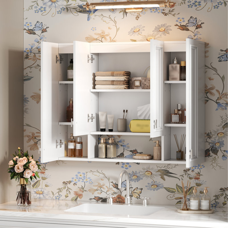 Armoire à pharmacie moderne pour la salle de bain, 5 tablettes réglables, charnières, étagères ouvertes pour un rangement quotidien avec détails fins