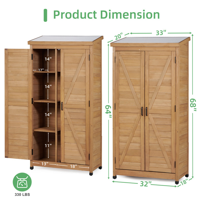 Wooden Outdoor Storage Shed With Metal Top, Tall Vertical Tool Cabinet For Patio Garden Backyard Lawn, Brown