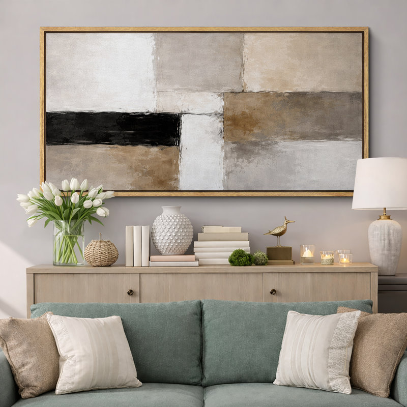 Abstrait abstrait beige neutre, composition de blocs, photos de salon moderne, impression sur toile encadrée, Cadre naturel