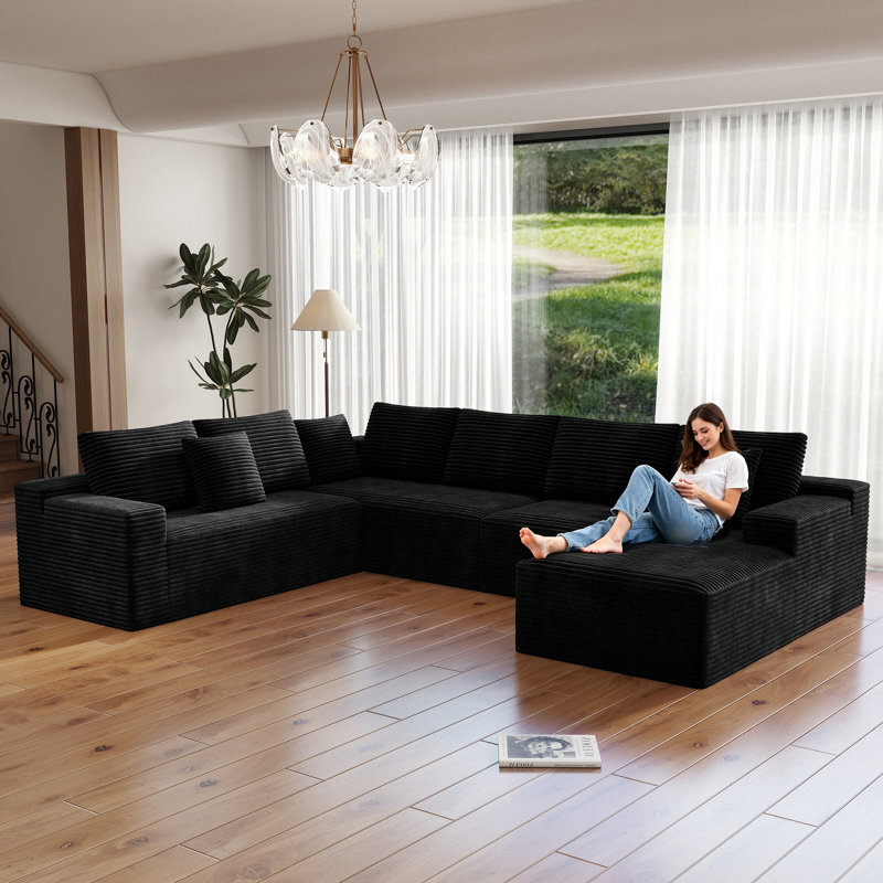 Canapé modulaire en U de 132 po pour 5 personnes, canapé à compression, velours côtelé noir, orienté vers la gauche