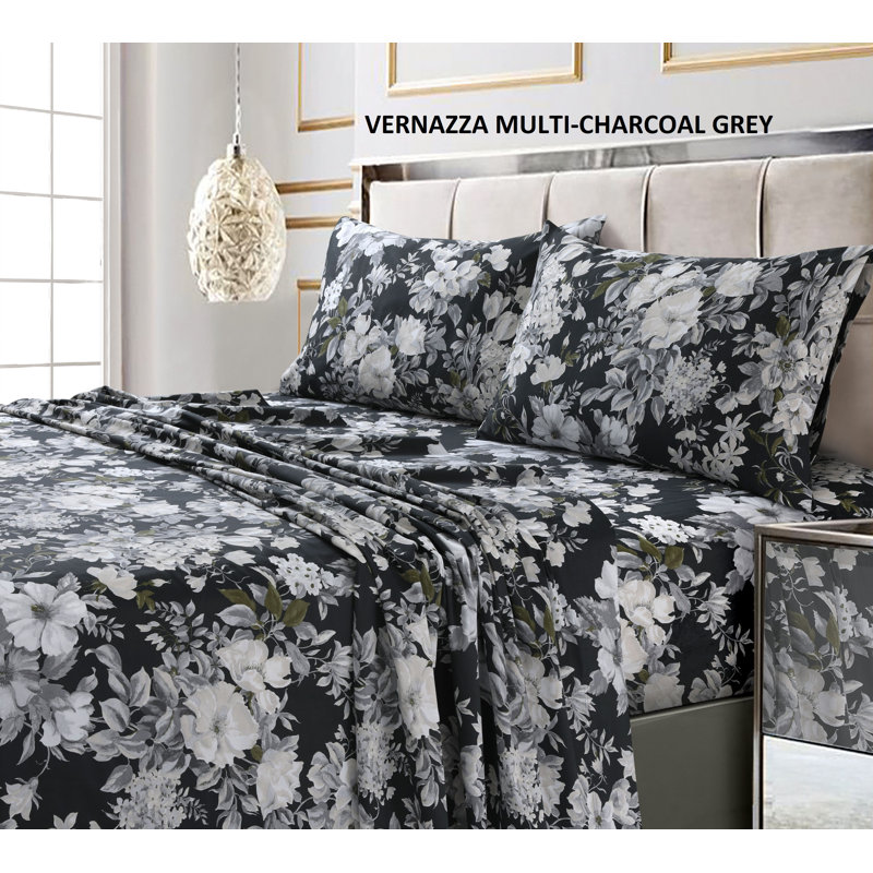 Tribeca Living Printed 300 Thread Count Sheets 100% Cotton Floral Sheet Set, Charcoal