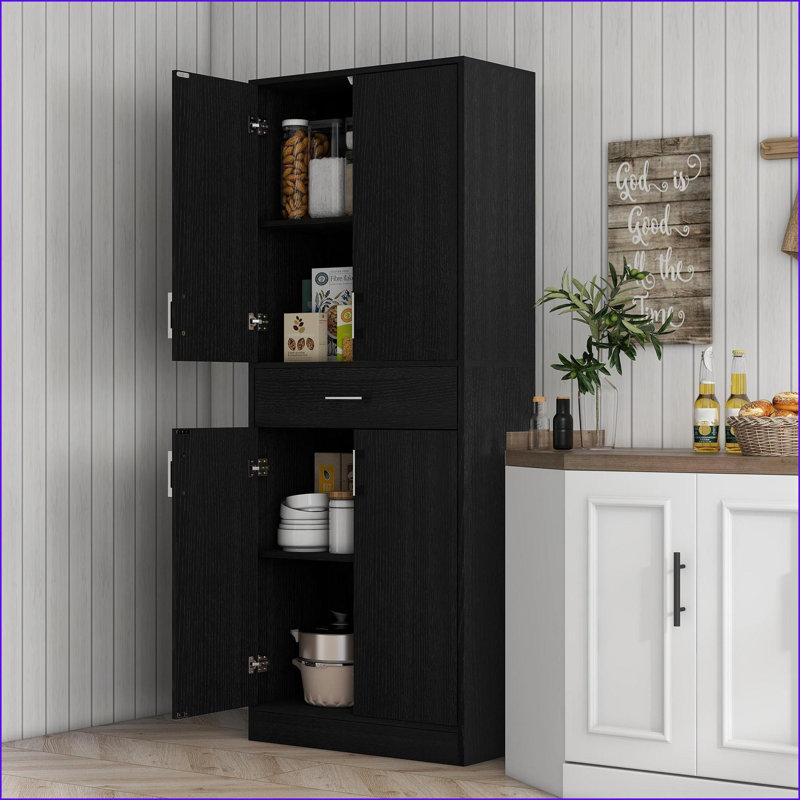Armoire de cuisine, rangement autoportant noir patiné de 71 po avec tiroir et tablettes réglables | Panneau de particules