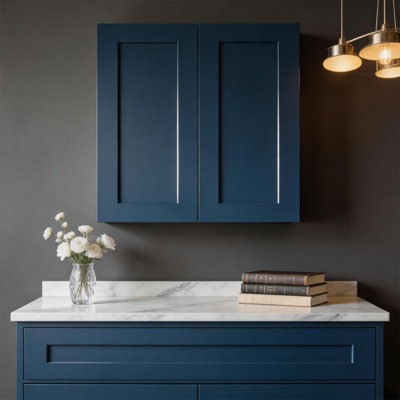 Armoire murale 33 po en bois massif bleu marine avec 2 tablettes réglables prêtes à assembler pour la cuisine, la salle de bain, la buanderie et le garage