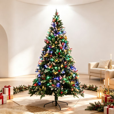Sapin de Noël artificiel entièrement floqué avec guirlandes lumineuses DEL préinstallées, base en métal robuste pour la décoration de Noël à la maison et aux fêtes