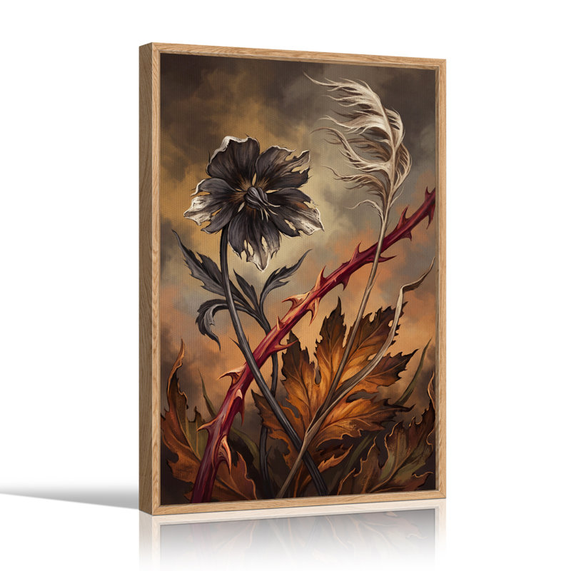 Toile murale d'Halloween représentant une fleur foncée à tige épineuse rouge et plumes, H 48 po x l 32 po