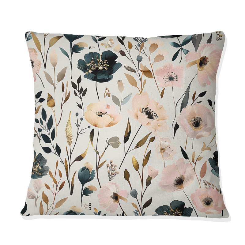 Coussin décoratif floral noir et rose, H 18 po x l 18 po