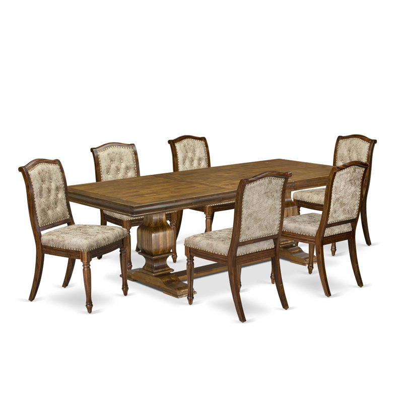 7 Pieces Kitchen table set includes a Rectangular Dining Table and 6 Light Beige PU Leather Modern Dining Chairs, Antique Walnut finish