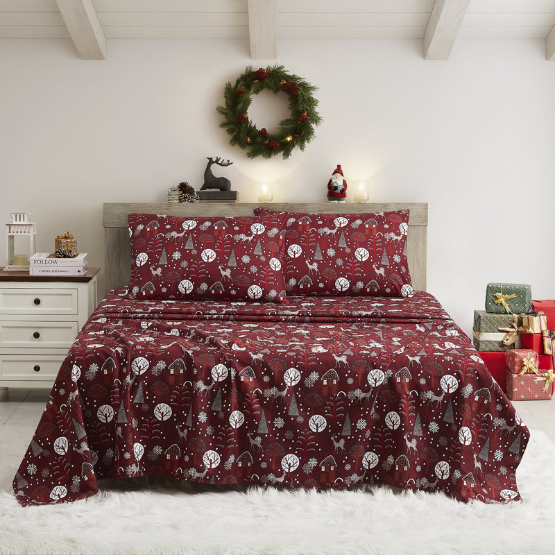 Ensemble de draps de vacances imprimés 4 pièces, facile à entretenir, literie des Fêtes douce et infroissable - nuits enneigées, double