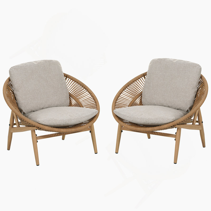 Chaise longue d'extérieur en osier brun pâle avec coussin beige, ensemble de 2, 2, Brun clair, Beige 