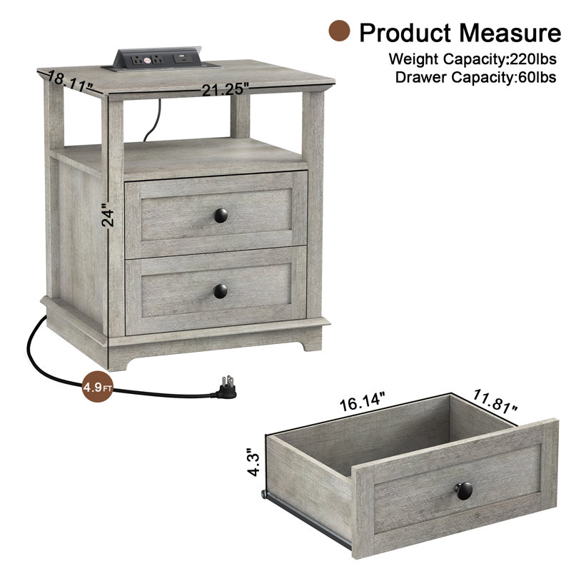 2 Drawer Danforth with Storage and Built-in Charging Station, Gray