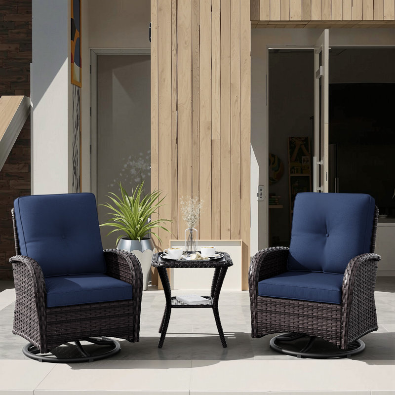 Maximos 3-Piece Outdoor Swivel Chairs with Cushions, Brown, Navy Blue