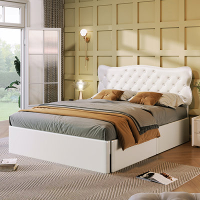 Lit plateforme tapissier en cuir avec 4 tiroirs de rangement