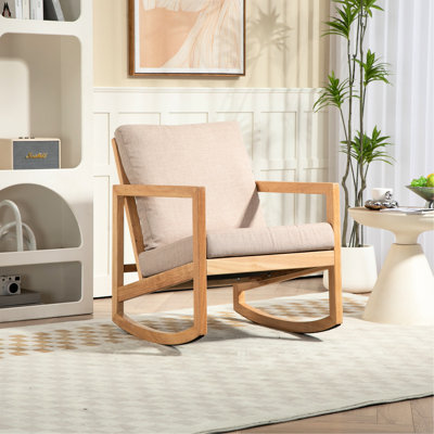 Chaise rembourrée en kaki naturel avec bois d'hévéa et coussins modernes