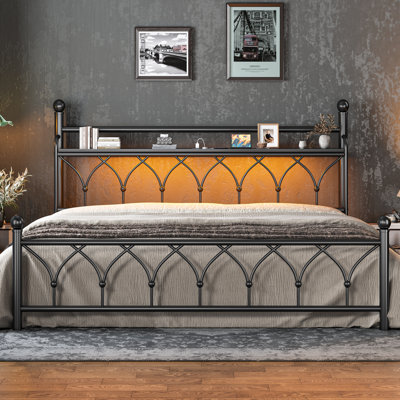 54"H Metal Bed Frame With Storage Headboard, Led Light And Power Outlets