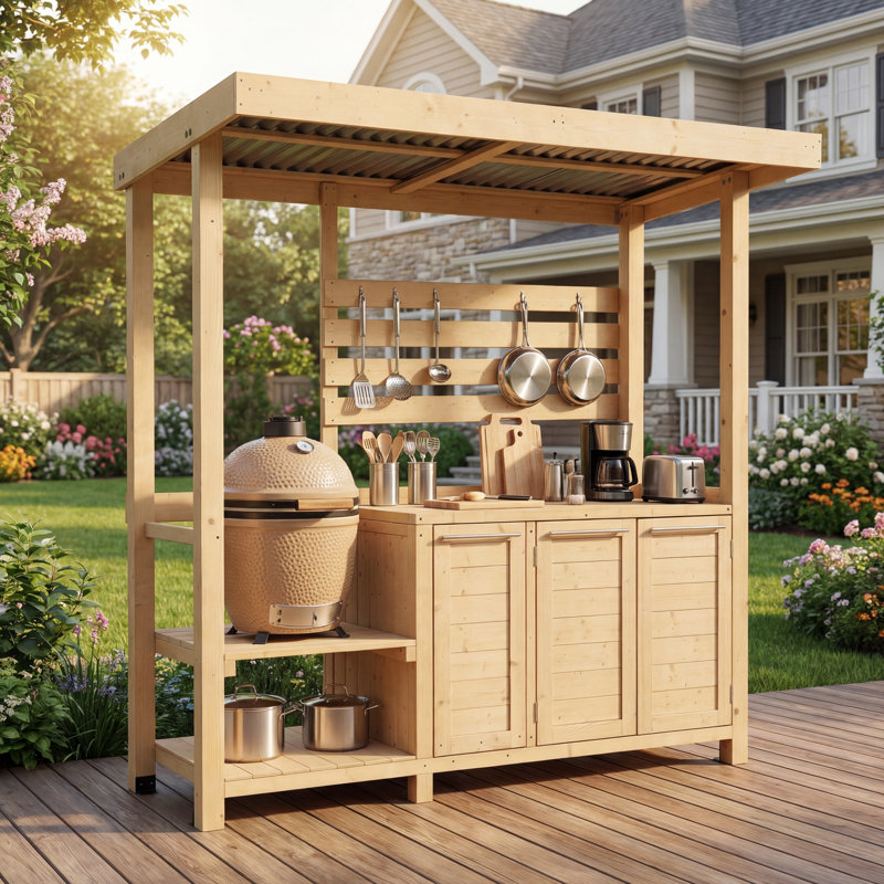 84.3" W Solid Wood Outdoor Kitchen Island
