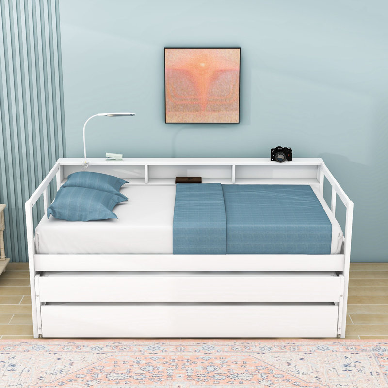 Twin XL Wooden Daybed with Dual Trundles, USB Charging Ports and Storage Compartments, White