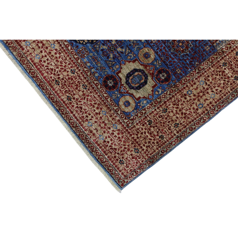 Hand Knotted Wool Area Rug in Blue And Beige, Rectangle 4'11" x 6'7"