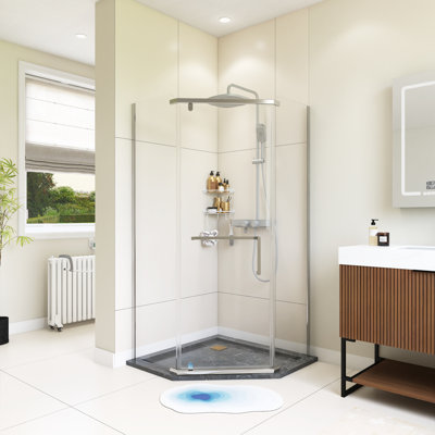 36*36*72" Chrome Pivot Shower Door, With 1/4" (7MM) Tempered Glass, Frameless Neo-Angle Pivot Shower Enclosure In For Bathroom Shower Door