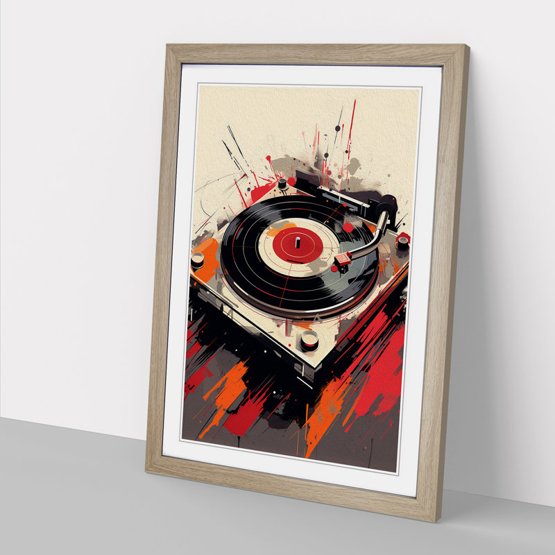 Vinyl Record Player Gestural - Single Picture Frame Print on Wood, Oak Framed, 34cm H x 25cm W