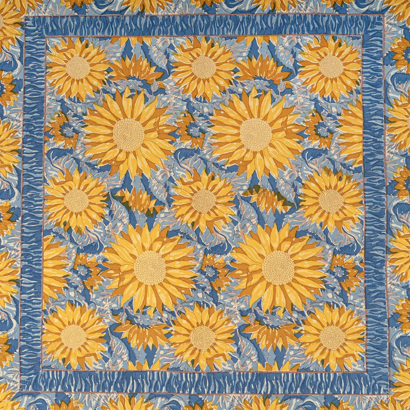 Sunflower Handmade Floral Tablecloth, Blue, 90" W x 90" L