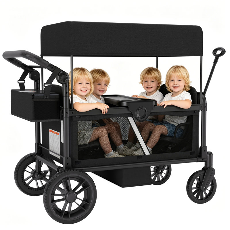 Wagon pliable à 4 places pour enfants, conception à entrée latérale avec harnais de sécurité à 5 points, poignée réglable à pousser et tirer et auvent amovible, chariot pour enfants d'extérieur
