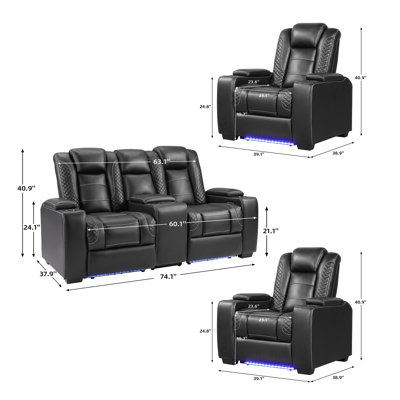 Ensemble de sièges de cinéma maison inclinables électriques en similicuir 3 pièces Kyren