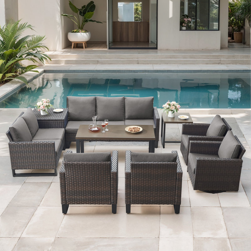 Ingvald 9 Person Outdoor Courtyard Wicker Family Conversation Set Group With Swivel Chairs And Storage, Gray