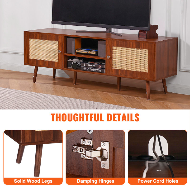 Mid-Century Modern Brown Wood Rattan TV Stand with Cabinet