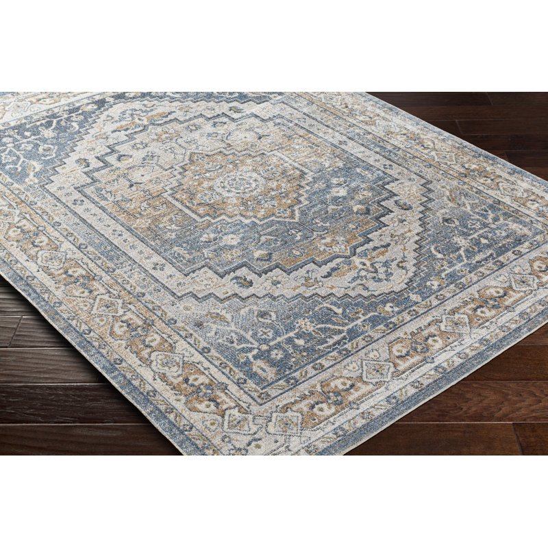 Kinzel Machine Washable Oriental Blue/Mustard Area Rug, Rectangle 5'3" x 7'