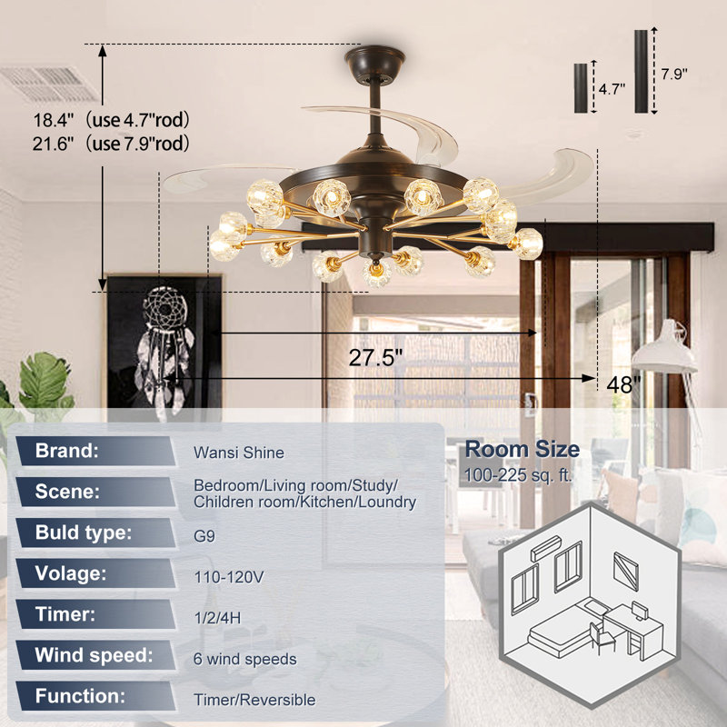 Ventilateur de plafond rétractable noir doré de 48 po avec lumières en cristal, Spandnik de luxe moderne avec télécommande pour le salon et la chambre à coucher