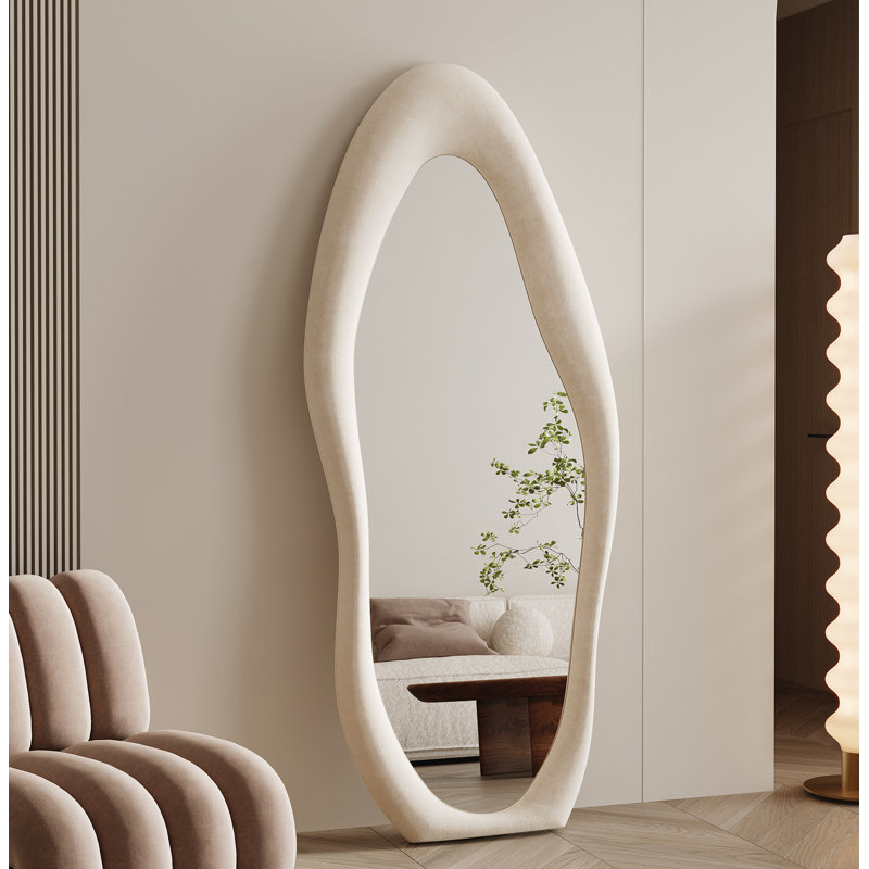 Full Length Mirror 63"X24", Irregular Wavy Mirror, Arched Floor Mirror, Wall Mirror Standing Hanging Or Leaning Against Wall For Bedroom, Flannel Wrapped Wooden Frame Mirror