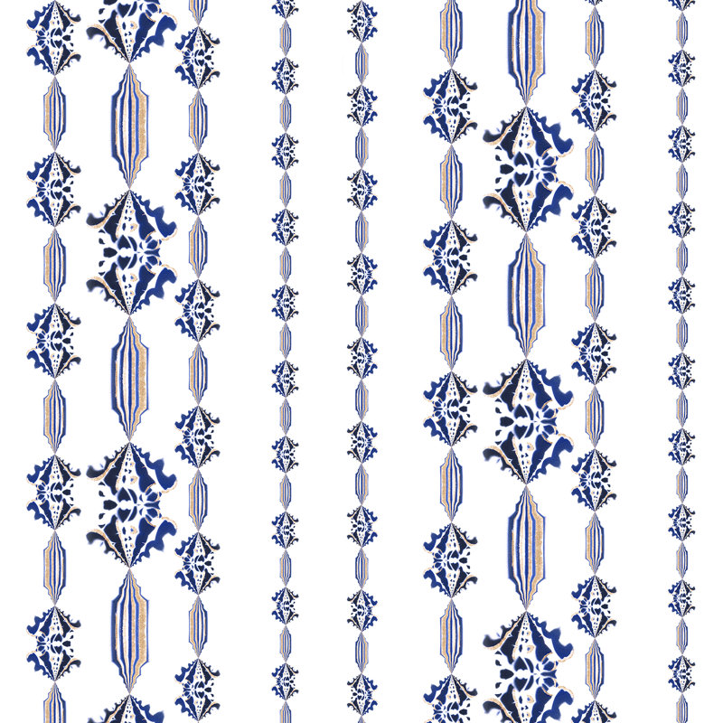 Charlie | Papier peint à rayures florales , Bleu/blanc/beige