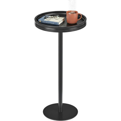 Table à martini industrielle noire, table à boissons ronde, table d'appoint à piédestal moderne avec plateau à grain de bois noir, table de bout à base de métal lestée pour le salon, petits espaces, à côté du canapé, 24,7 po de hauteur