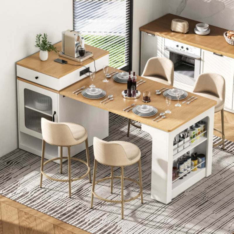 Îlot de cuisine 59,5 po avec table de salle à manger extensible, 2 tiroirs, prise de courant, rangement double-face, Blanc
