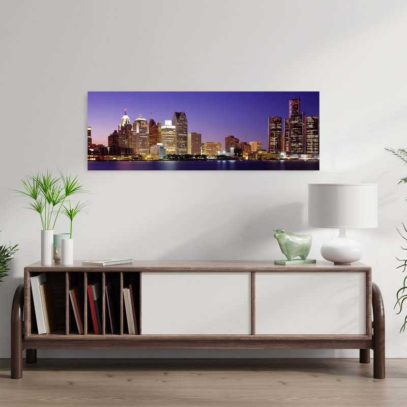 Dusk Detroit Michigan USA 1 Piece Wrapped Canvas Panoramic Wall Art, 30.48 cm H x 91.44 cm W