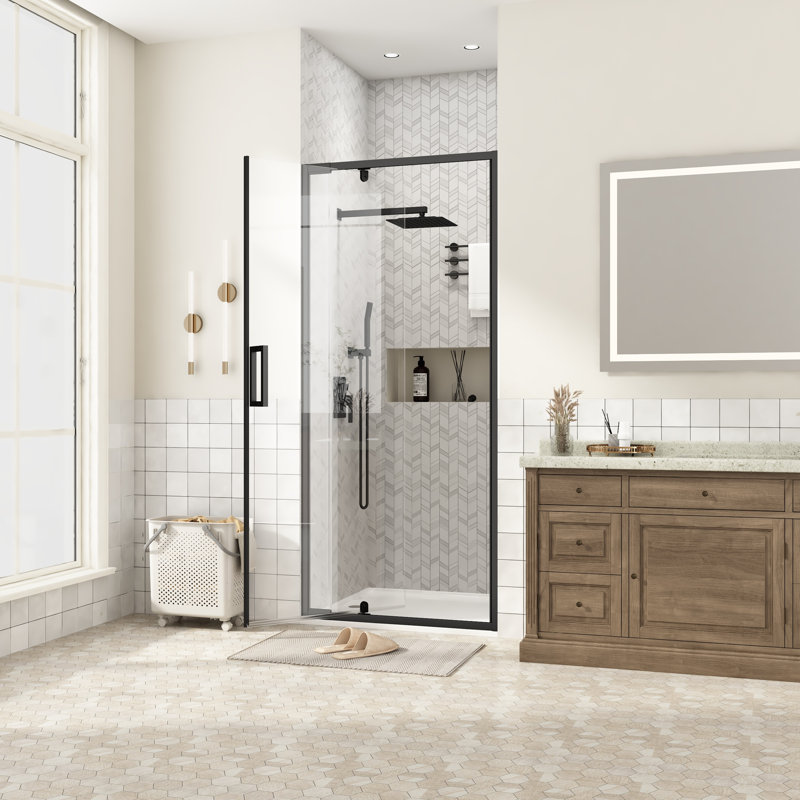 Porte de douche pivotante encadrée de 71 à 81 cm (L) x 183 cm (H) en noir mat avec verre trempé transparent de 6 mm, pellicule anti-éclats et revêtement facile à nettoyer