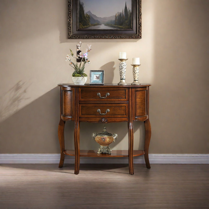 Console demi-ronde en bois massif, H 34,65 po x l 31,5 po x P 13,78 po, Marron foncé