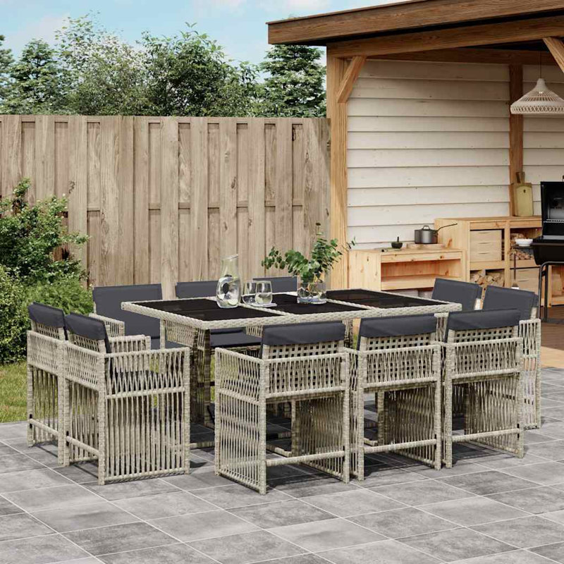 11 Piece Garden Dining Set with Cushions Poly Rattan, Grey, 73cm H x 165cm W x 106cm D, Light Grey